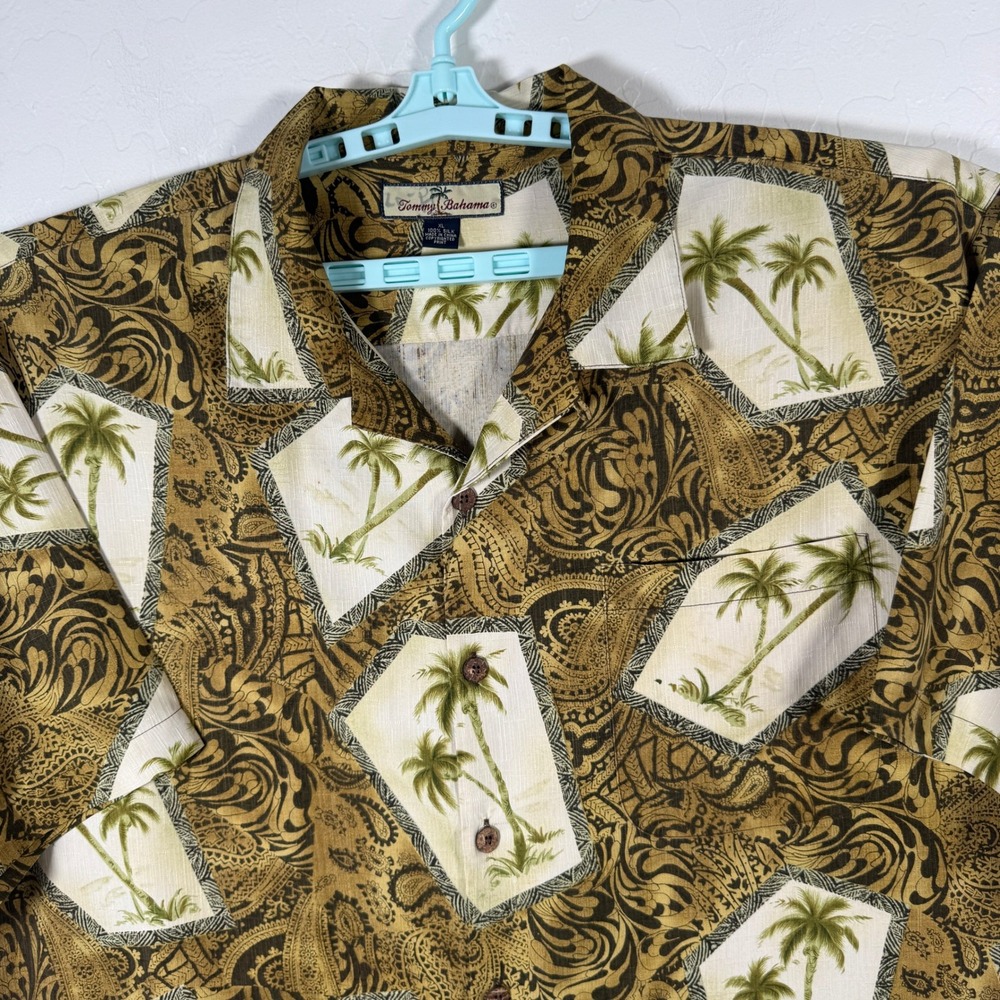 Tommy Bahama Shirt Mens XL Brown Silk Palm Tree Paisley Aloha Camp Beach Island